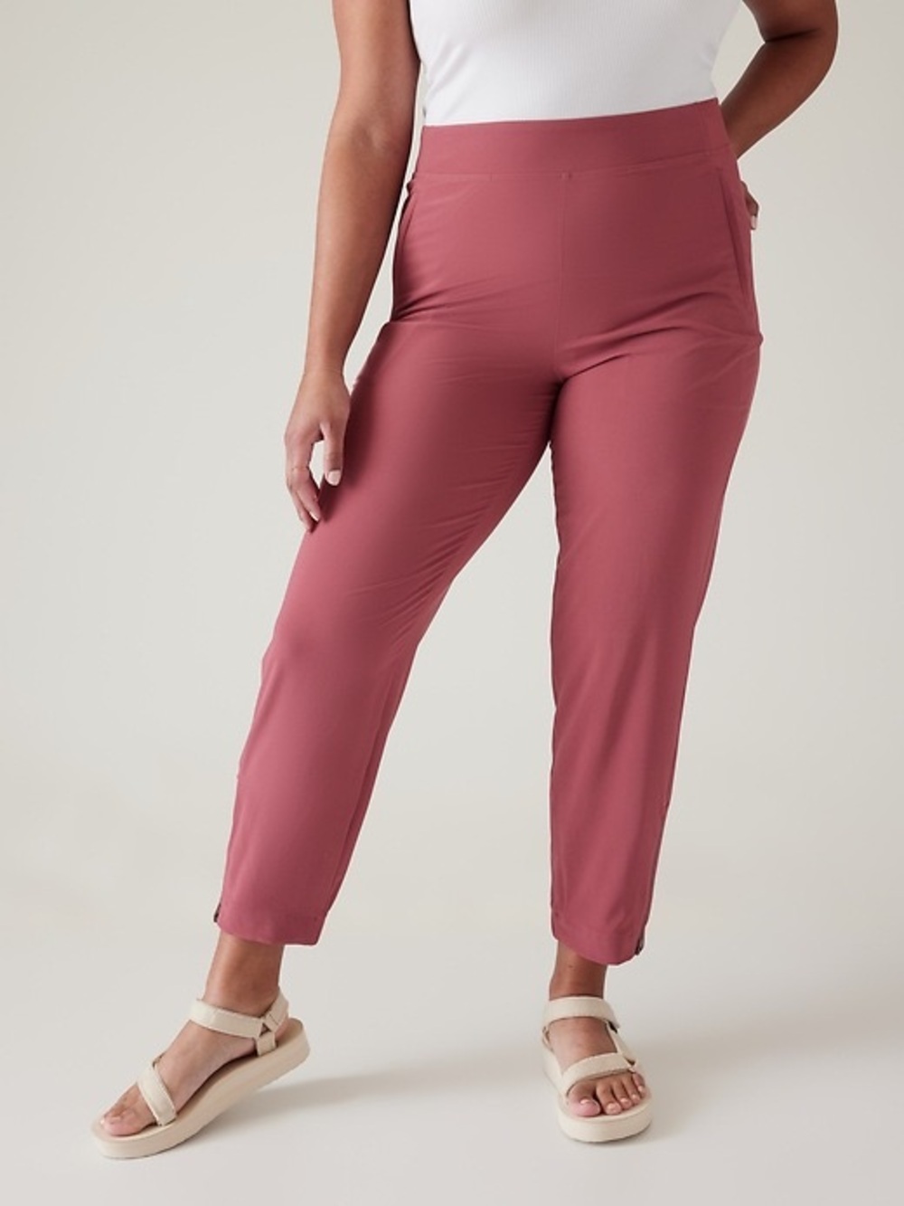 Athleta Brooklyn Mid Rise Ankle Pants Ribbed Panels Mauve Pink Size 18